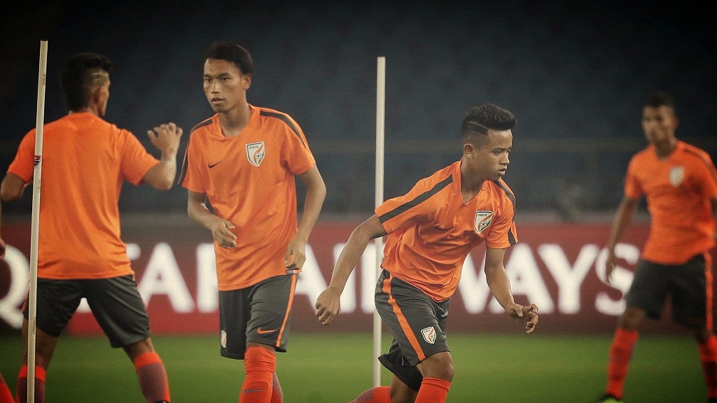 Indian skipper Amarjit Singh and teammates at a practise session before the Under-17 World Cup. 