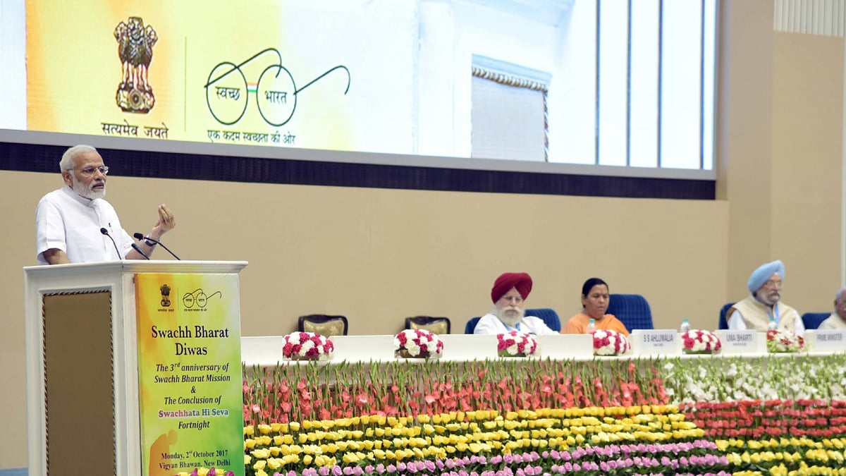 On the third anniversary of Swachh Bharat Campaign, PM Modi addresses at Vigyan Bhavan, Delhi