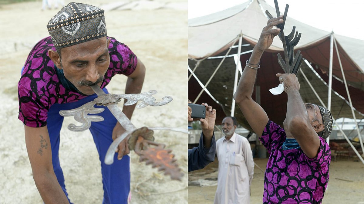 Javaid Iqbal Mastana swallowing five swords