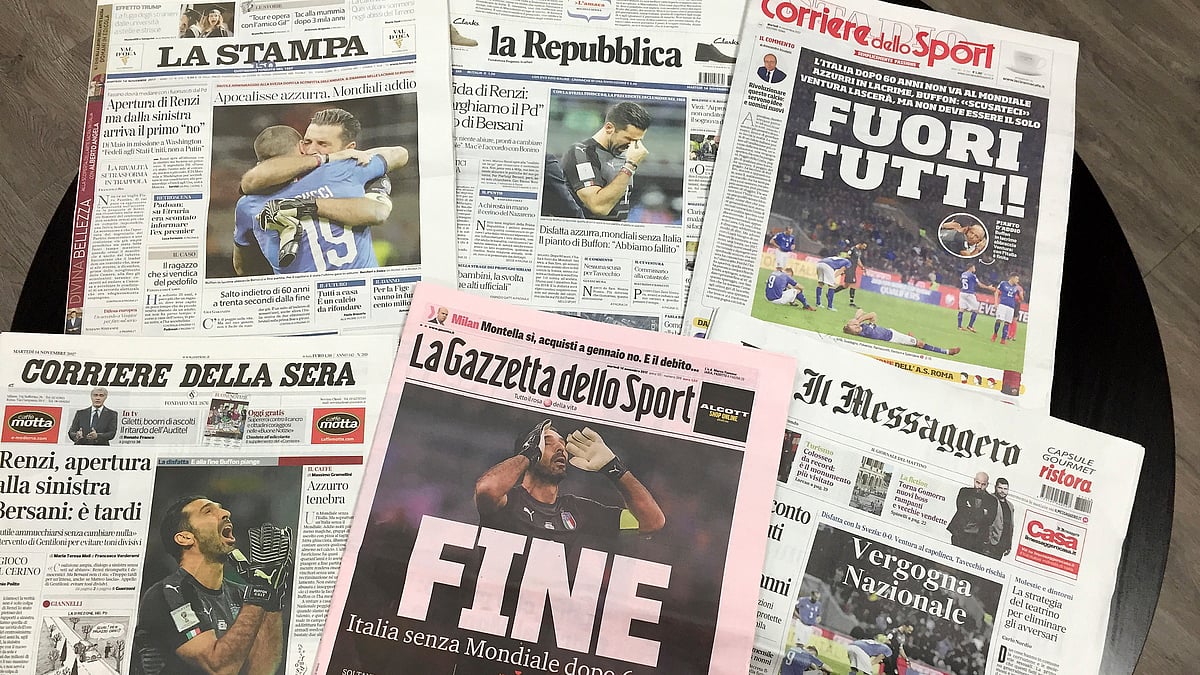 Italian newspapers headline Italy’s failure to qualify for the World Cup a day after a scoreless draw between Italy and Sweden in a qualifying playoff on a 1-0 aggregate, in Rome, Tuesday, Nov. 14, 2017. 