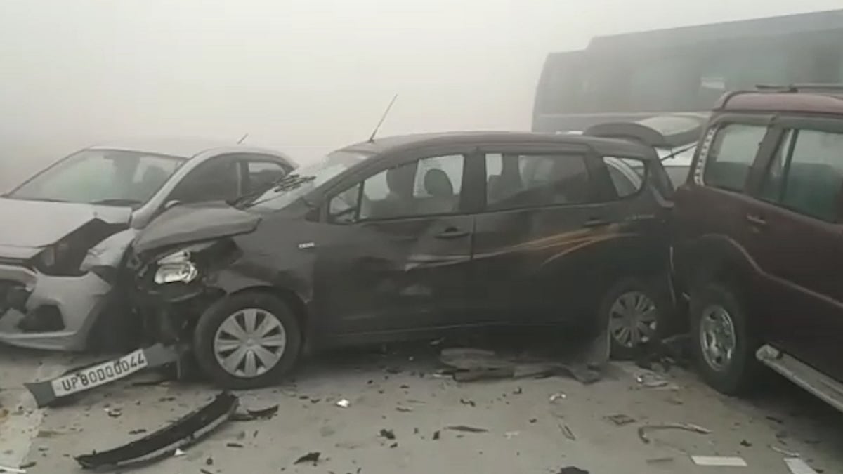 Vehicles pile up in low visibility conditions.