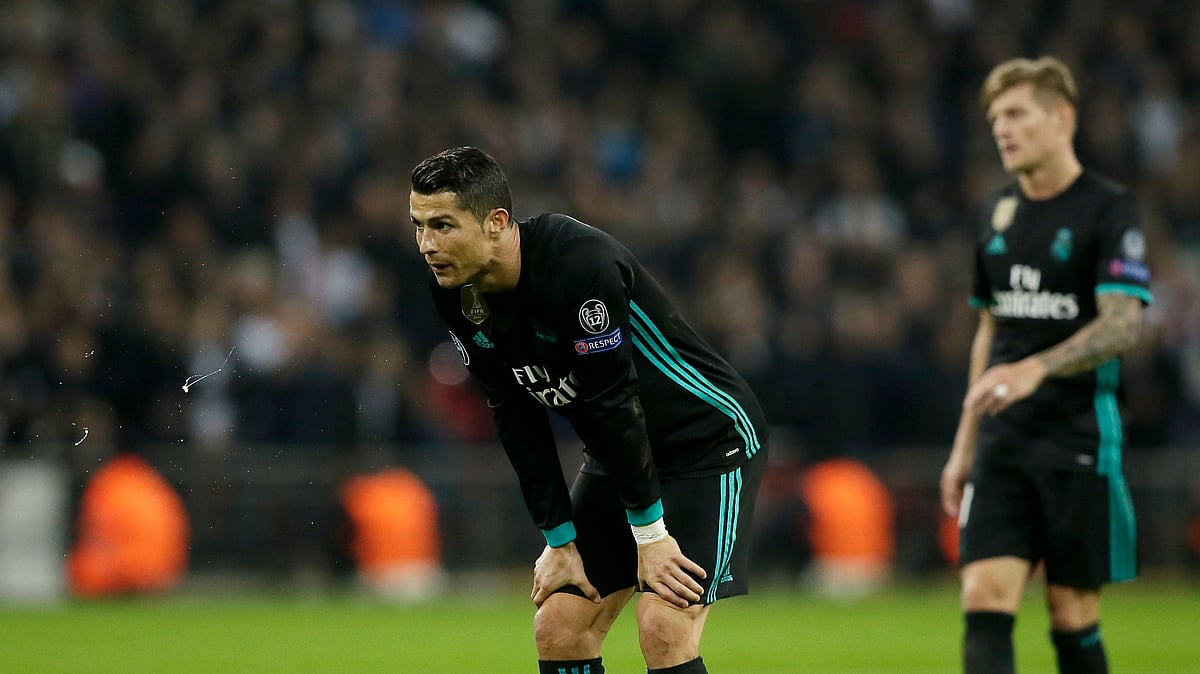 Real Madrid’s Cristiano Ronaldo reacts after missing a scoring chance during a Champions League match against Tottenham Hotspurs.