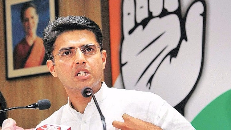 Senior Congress Leader Sachin Pilot addresses a press meet at Rajkot.