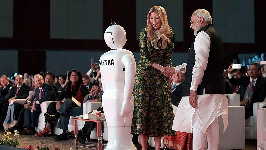PM Modi and Ivanka Trump are greeted by robot ‘Mitra’ at GES 2017. 