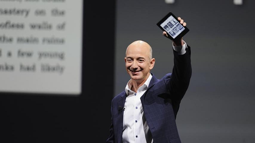 Jeff Bezos announcing Kindle at an event. 