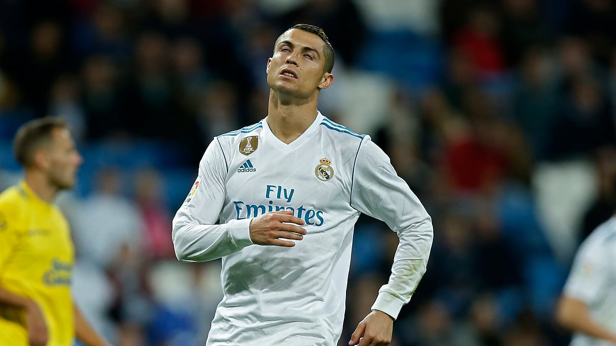 Real Madrid’s Cristiano Ronaldo closes his eyes during the Spanish La Liga soccer match between Real Madrid and Las Palmas at the Santiago Bernabeu stadium in Madrid, Sunday, Nov. 5, 2017.&nbsp;