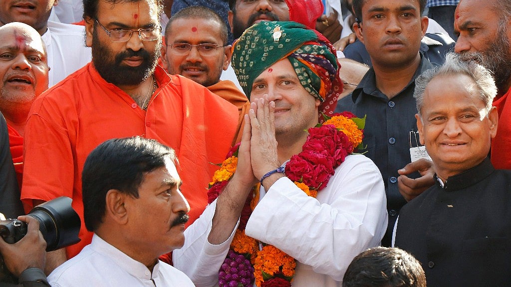 Rahul Gandhi during a visit to the Swaminarayan temple at Gadhada in Botad on Thursday, 30 November.