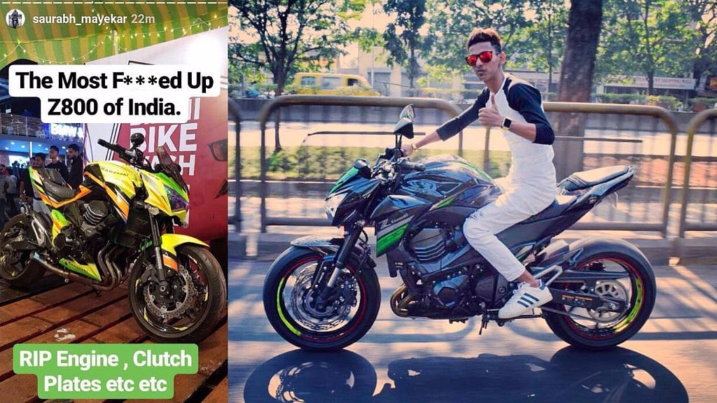 The customised Kawasaki Z800 of Ajit Murkute (in photo) with the Instagram post by Saurabh Mayekar, a Mumbai-based Vlogger.&nbsp;