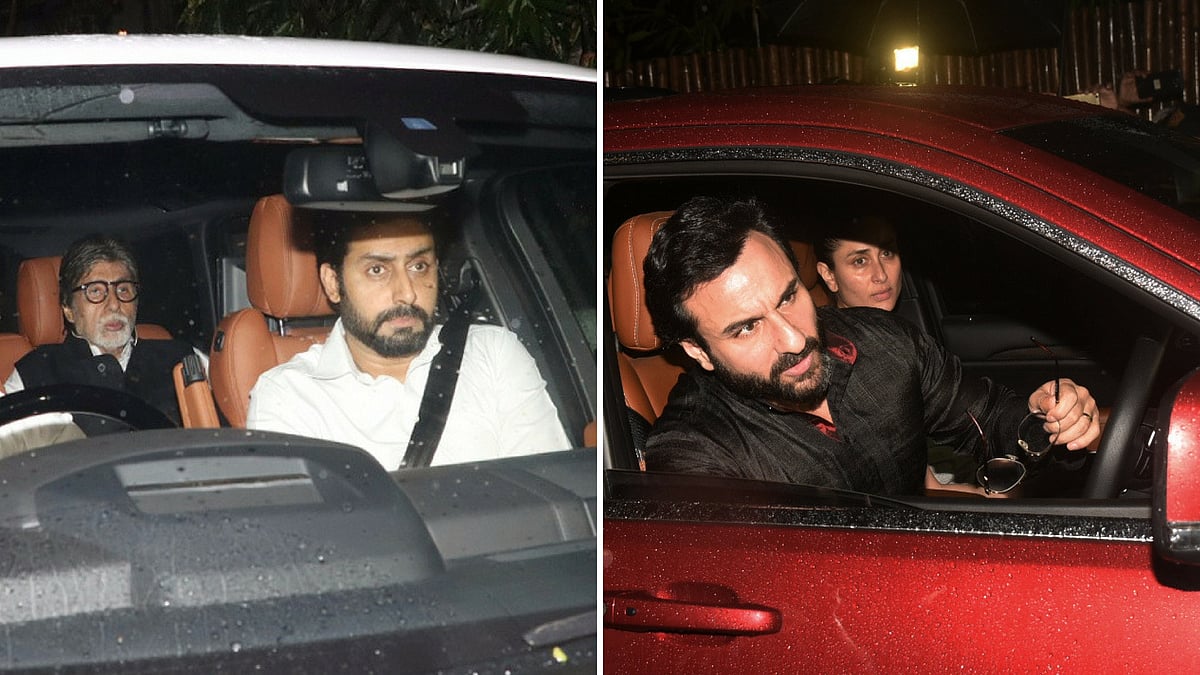 Amitabh Bachchan, Abhishek Bachchan, Kareena Kapoor and Saif Ali Khan at the Kapoor residence.