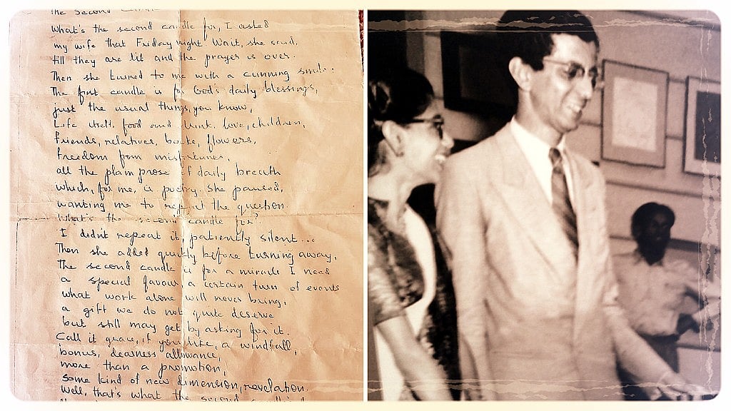 Indian Jewish poet Nissim Ezekiel (right) alongside a handwritten poem by him (left).