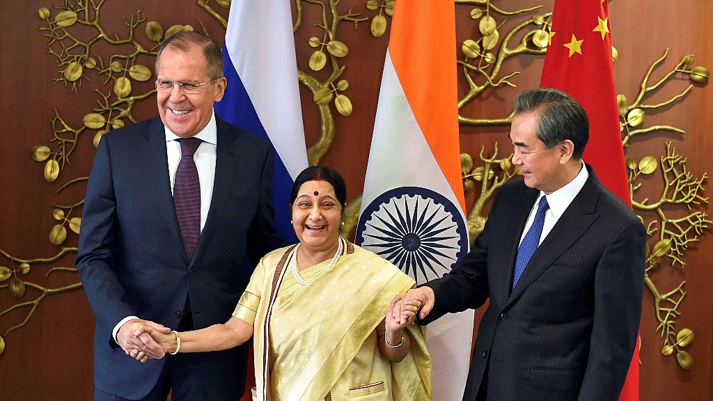 Sushma Swaraj with the Chinese and Russian foreign ministers Wang Yi and Sergey Lavrov respectively. 