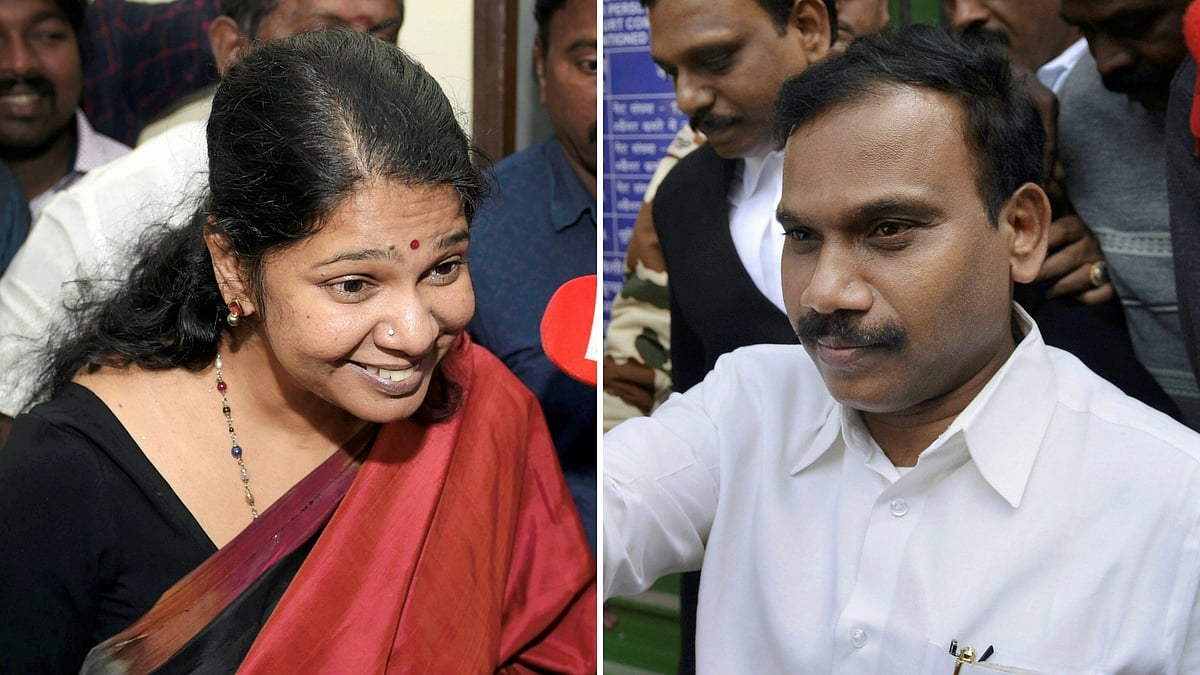 <p>Kanimozhi and A Raja after the verdict in the 2G case. </p>