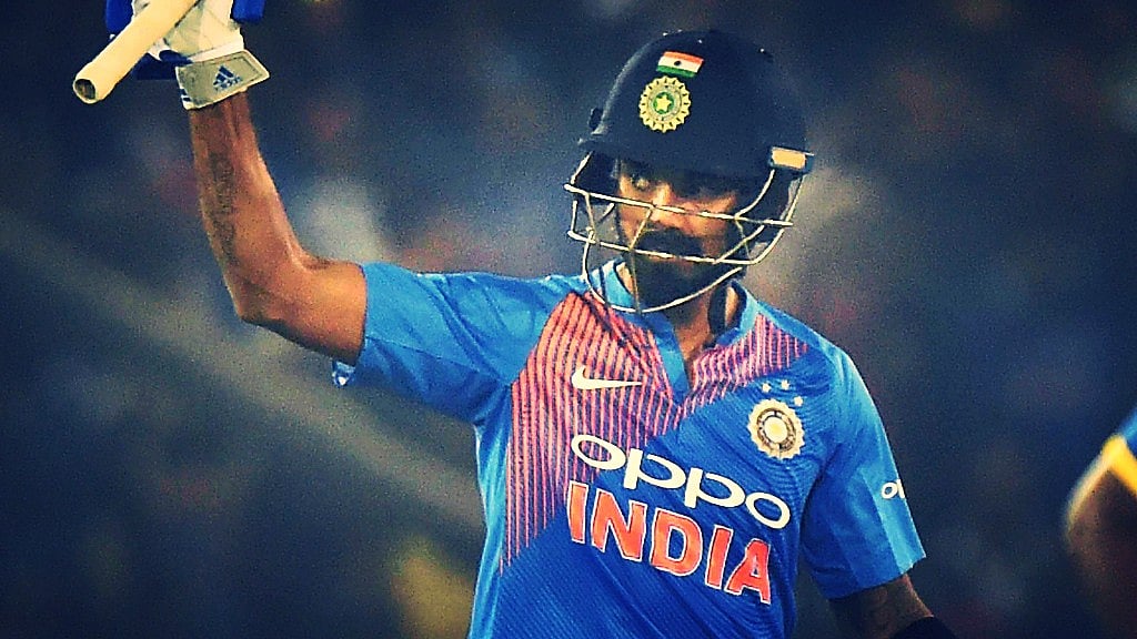 KL Rahul raises his bat after scoring a half-century in the first T20 against Sri Lanka.