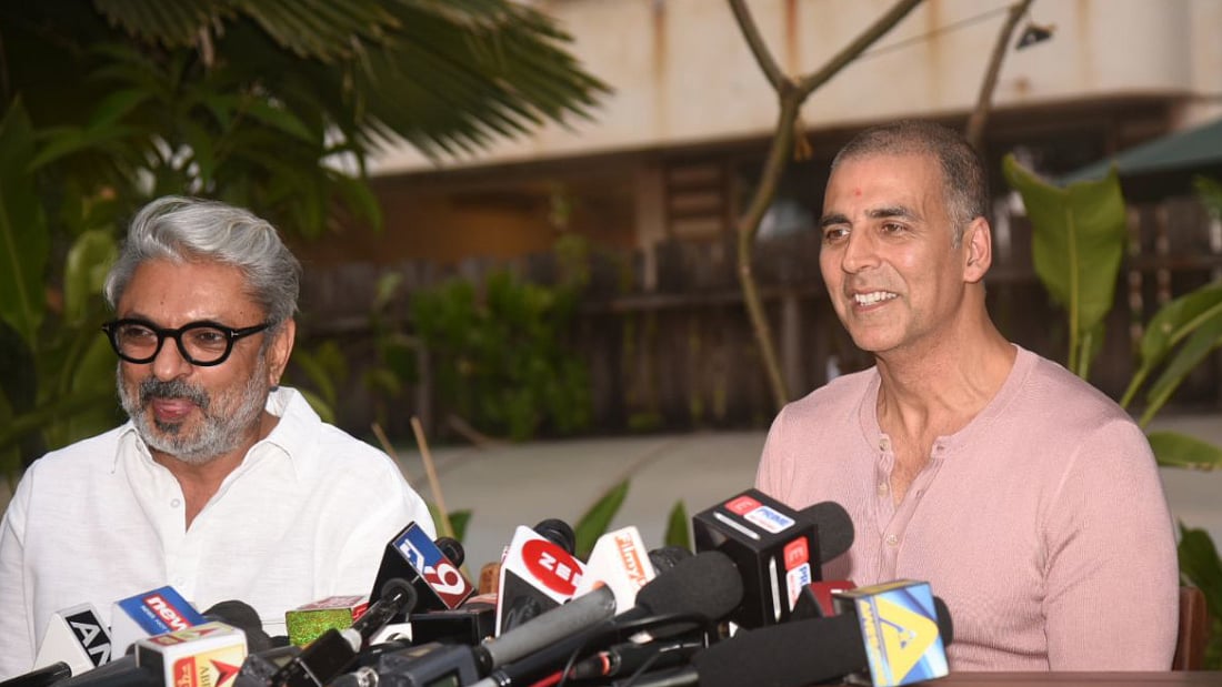 Bollywood star Akshay Kumar and <i>Padmaavat</i>&nbsp;director Sanjay Leela Bhansali address press conference in Mumbai on Friday.