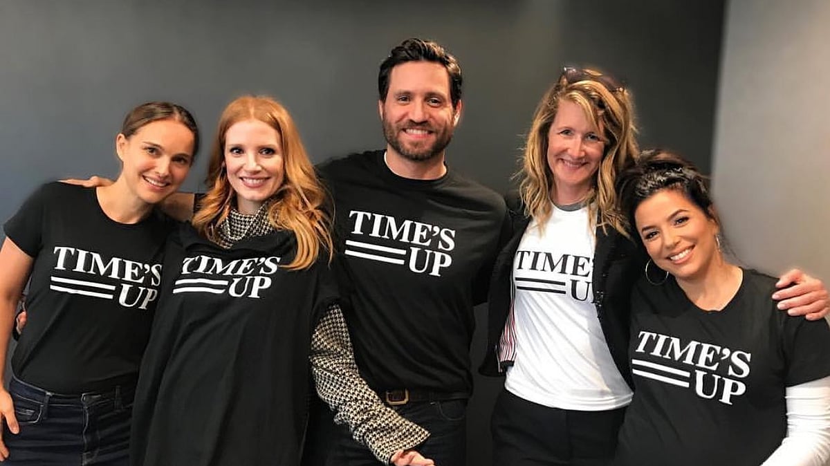 Natalie Portman, Jessica Chastain, Edgar Ramirez, Laura Dern and Eva Longoria supporting Time’s up movement.