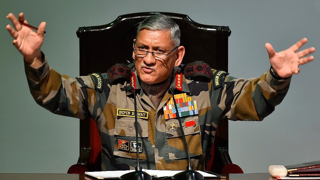Army Chief Gen Bipin Rawat addresses a press conference in New Delhi on Friday, 12 January.