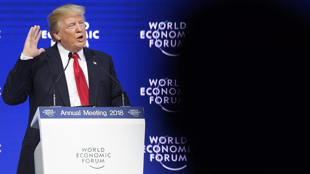 US President Donald Trump addresses a plenary session in the Congress Hall on the last day of the annual meeting of the World Economic Forum in Davos, Switzerland on 26 January 2018.