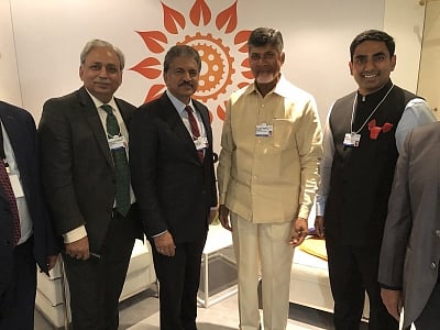 Davos: Andhra Pradesh Chief Minister N. Chandrababu Naidu, Andhra Minister Nara Lokesh and Mahindra Group Chairman Anand Mahindra during World Economic Forum in Davos, Switzerland on Jan 25, 2018. (Photo: Twitter/@anandmahindra)