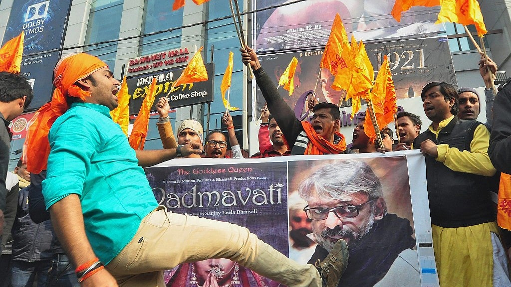 Karni Sena activists protest outside a theatre in Patna, Bihar.&nbsp;