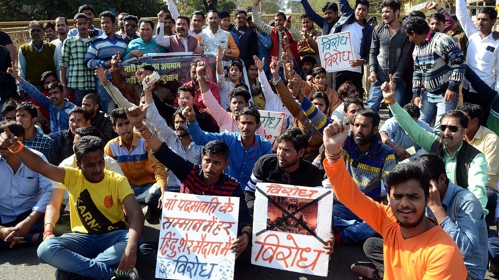 People protesting against film ‘Padmaavat’ stage a demonstration in Bhopal on 24 January 2018.