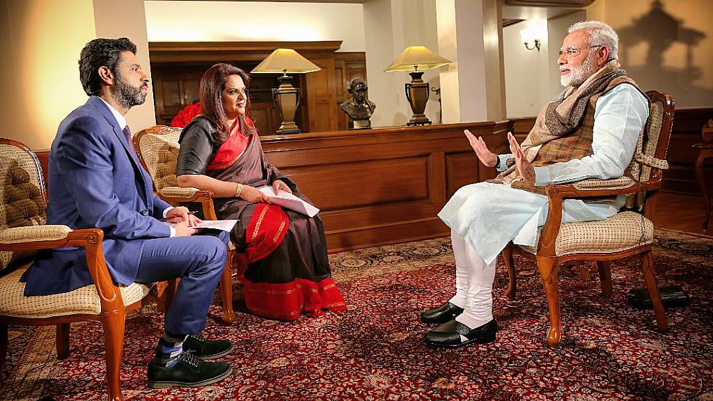 Times Now’s Rahul Shivshankar, Navika Kumar with Prime Minister Narendra Modi.