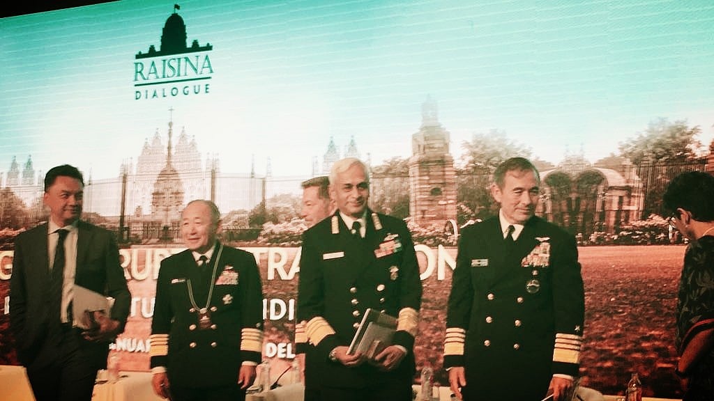 Left to right: Dino Patti Djalal, Foreign Policy Community of Indonesia; Katsutoshi Kawani, Japanese Chief of Staff, Joint Staff; Admiral Sunil Lanba, Chief of Naval Staff, Indian Navy; (behind) Vice Admiral Tim Barrett, Chief of Navy, Australia; Admiral Harry Harris Jr,  Commander, US Pacific Command.
