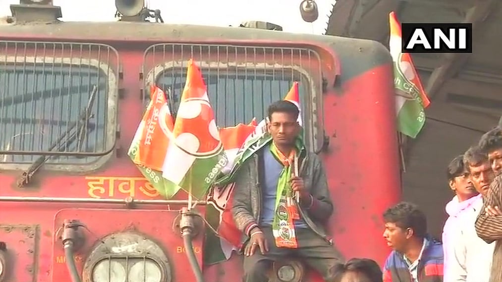 Congress protesters blocked tracks at the Bhubaneswar railway station.