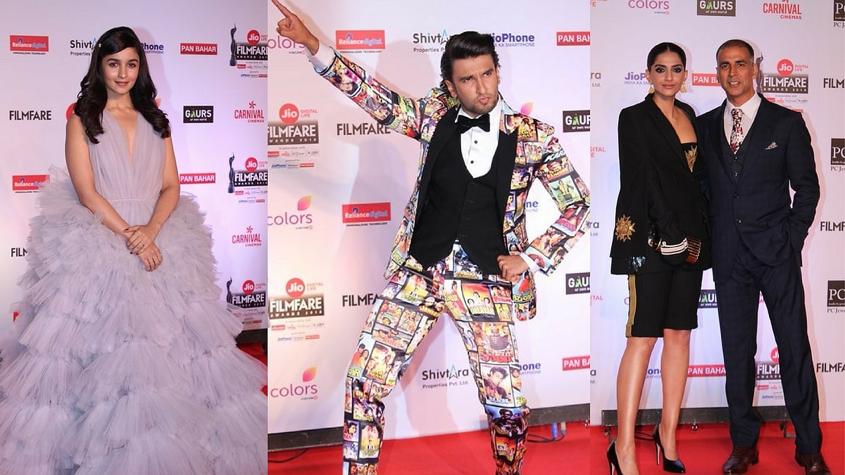 Alia Bhatt, Ranveer Singh, Sonam Kapoor and Akshay Kumar on the red carpet at the Filmfare Awards 2018.&nbsp;
