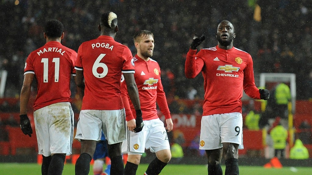 Manchester United’s Romelu Lukaku (right) celebrates after scoring against Stoke City