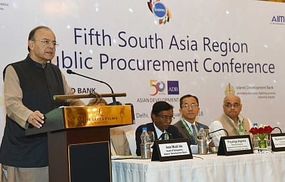 New Delhi: Union Finance and Corporate Affairs Minister Arun Jaitley addresses at the 5th South Asian Regional Procurement Conference in New Delhi on Feb 5, 2018. (Photo: IANS/PIB)