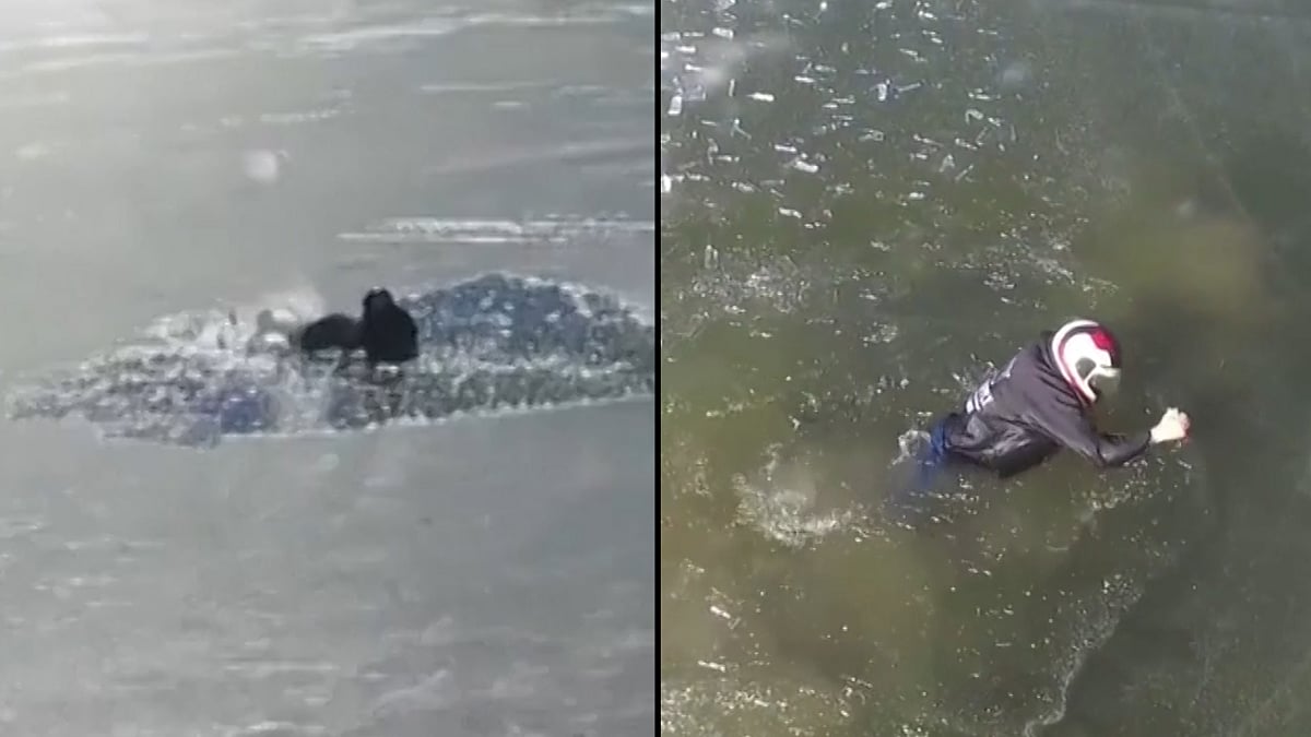 A man falls into an frozen lake after he attempted to raze a snowmobile over it. 