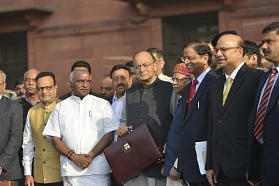 New Delhi: Finance Minister Arun Jaitley after presenting Union Budget 2018-19 at Parliament on Feb 1, 2018. (Photo: IANS)
