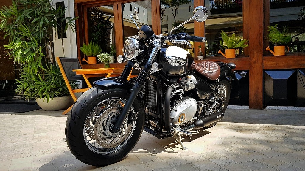 The Triumph Bonneville Speedmaster with the optional Maverick (single seat) kit. 