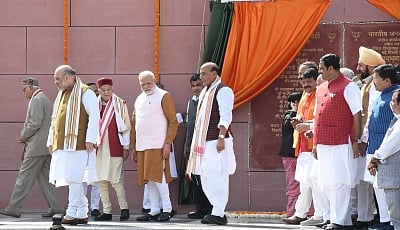 New Delhi: Prime Minister and BJP leader Narendra Modi along with party leaders Amit Shah, L.K. Advani, Murli Manohar Joshi, Nitin Gadkari and Rajnath Singh during the inauguration of BJP