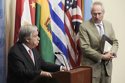 United Nations Secretary-General Antonio Guterres, left, with his spokesperson, Stephane Dujarric. (File photo: UN/IANS)