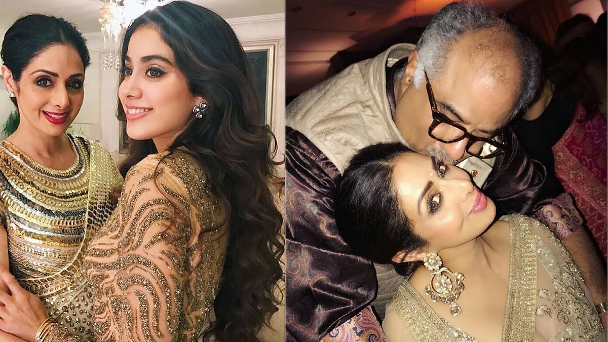 Sridevi with daughter Janhvi (L); Sridevi with husband Boney Kapoor (R)