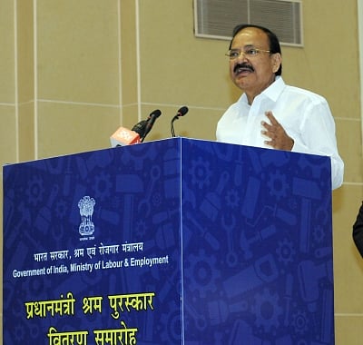 New Delhi: Vice President M. Venkaiah Naidu addresses during Prime Minister Shram Awards in New Delhi on Feb 26, 2018. (Photo: IANS/PIB)
