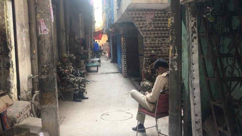 Security cover outside Ankit Saxena’s house in Raghubir Nagar, Delhi.