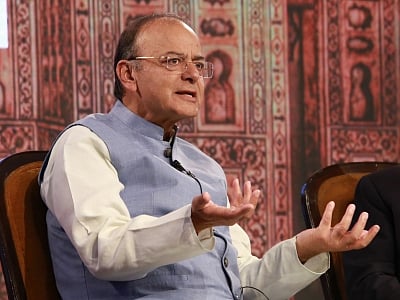 New Delhi: Union Finance Minister Arun Jaitley addresses at the 4th Global Business Summit in New Delhi on Feb 24, 2018. (Photo: Amlan Paliwal/IANS)