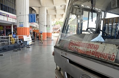 Bengaluru: A view of deserted Satellite Bus Stand after Tamil Nadu bound buses were cancelled in the wake of Supreme Court
