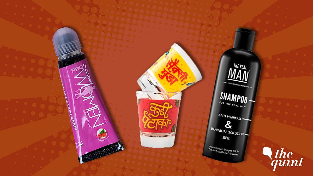 A prowomen lip lightener for women, separate shot glasses for men and women, and a shampoo only for men. 