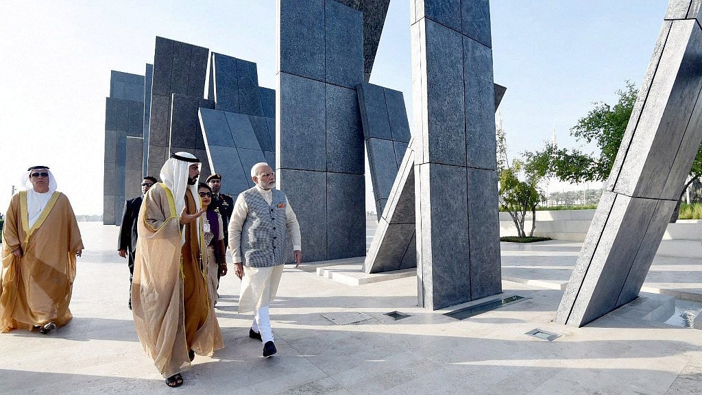 Prime Minister, Narendra Modi during the tributes to brave soldiers of UAE who made ultimate sacrifice in the service of UAE at Wahat Al Karama “Oasis of Dignity”, in Abu Dhabi, United Arab Emirates on Sunday.