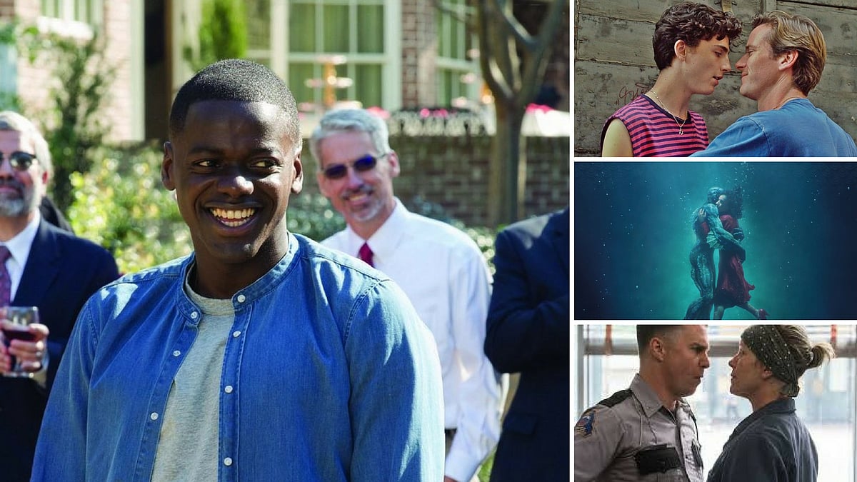Stills from <i>Get Out</i>, <i>Call Me by Your Name</i>, <i>Shape of Water</i> and Three Billboards Outside Ebbing, Missouri.