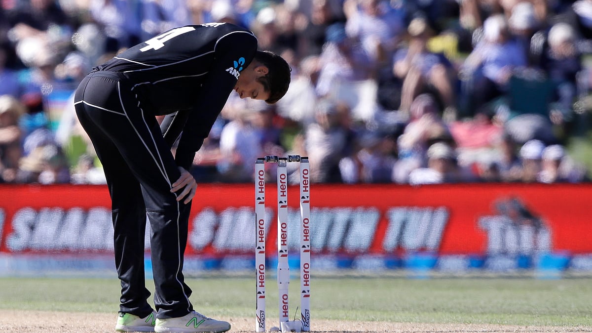New Zealand’s Mitchell Santner during a spell against England during their one day cricket international in Christchurch, New Zealand, Saturday, March 10, 2018.&nbsp;