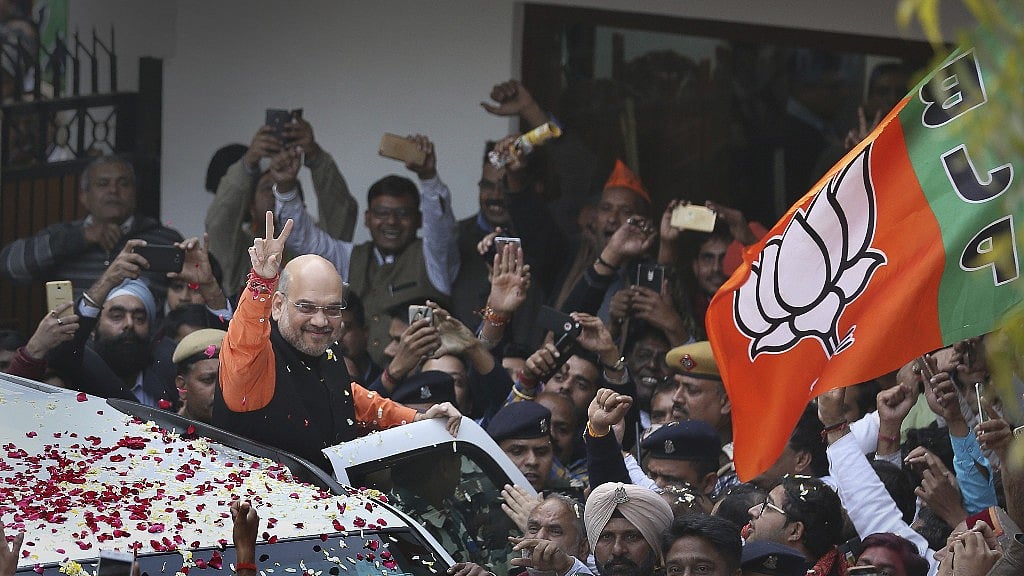 Amit Shah addresses the media at the BJP headquarters in New Delhi following his party’s spectacular performance in the Assembly elections of Tripura, Nagaland and Meghalaya. 