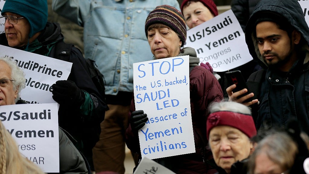A small group of people protesting the visit of Crown Prince Mohammed bin Salman to the United States stand on the steps of City Hall in New York, Tuesday, 20 March 2018. Image used for representation. 