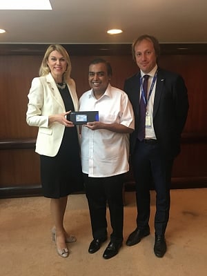 New Delhi: Reliance Industries Chairman and MD Mukesh Ambani (C) with Estonian Minister of Entrepreneurship and IT Urve Palo (L) and Head of e-Residency Board and former Estonian Government CIO Taavi Kotka (R)  in New Delhi on March 13, 2018. (Photo: IANS)