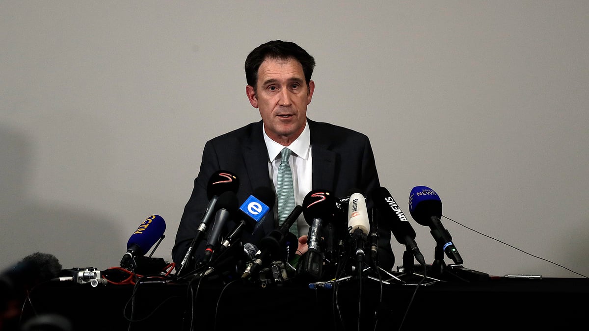 James Sutherland, chief executive of Cricket Australia, speaks during a media conference in Johannesburg, South Africa, Tuesday, March 27, 2018. Australia cricket captain Steve Smith, vice-captain David Warner and batsman Cameron Bancroft have all been sent home from the tour of South Africa for their role in a cheating plot and face “significant sanctions” in the next 24 hours, James Sutherland announced Tuesday. 