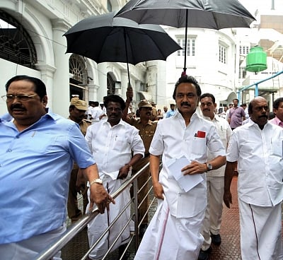 Chennai: DMK leader M.K. Stalin outside Tamil Nadu Assembly in Chennai. (Photo: IANS)