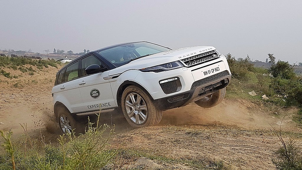 A Range Rover Evoque gets some air at the Land Rover Experience program in Noida. 